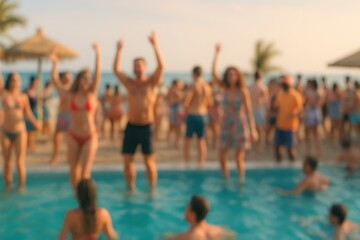 Beach pool party, Group of diverse people at beachside pool party with blurred motion. Men and women in swimwear dance and swim. Palm trees, umbrellas, ocean in background, summer fun