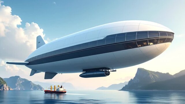 Aerial Blimp Flying Over Water, With Beautiful Landscape During The Day