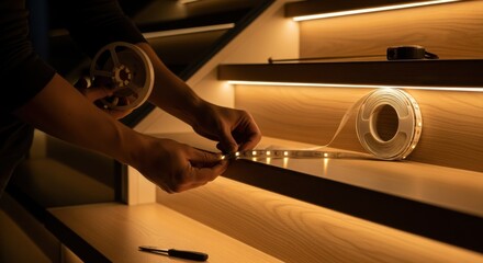 Installing dimmable LED stairriser strips for customizable brightness balancing functional lighting and decorative appeal.