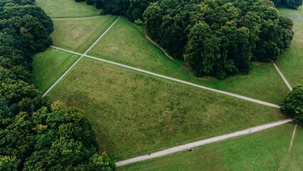 Aerial view of intersecting walking paths cutting across a large grassy field, bordered by dense green forest, creating a natural geometric pattern in the landscape.