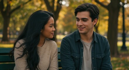 Fototapeta premium Couple looking at each other sitting on park bench in autumn