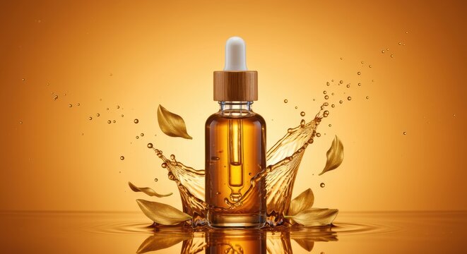 Golden elixir in glass bottle with liquid splash and leaves for luxurious beauty or natural medicine concept a captivating studio shot