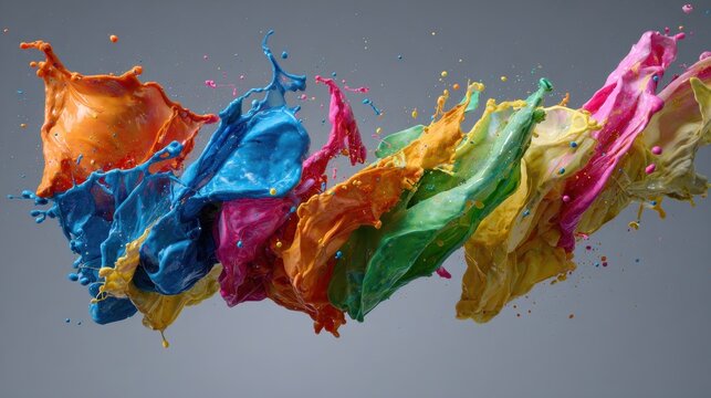 Vibrant Paint Splashes in Mid-Air: Orange, Blue, Pink, Green, and Yellow Colors on Gray Background