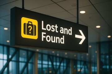 Lost and Found sign, Airport indoor sign with suitcase icon and question mark, text &ldquo;Lost and Found&rdquo; and arrow pointing right. Modern terminal interior with lights and windows