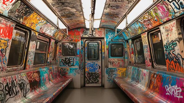 Graffiti Covered Subway Car Interior, Urban Art, Vandalism, New York City Underground, Colorful Train, Public Transportation, Urban Decay, Subway Art