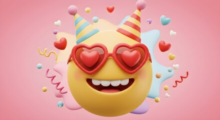"A playful 3D emoji wearing party hats and heart-shaped sunglasses, surrounded by colorful confetti and decorations. The design conveys excitement, celebration, and joy, perfect for festive moments."