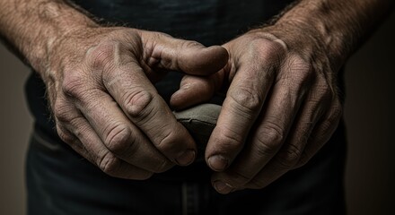 Fototapeta premium Detailed view of male hands holding a small, dark object
