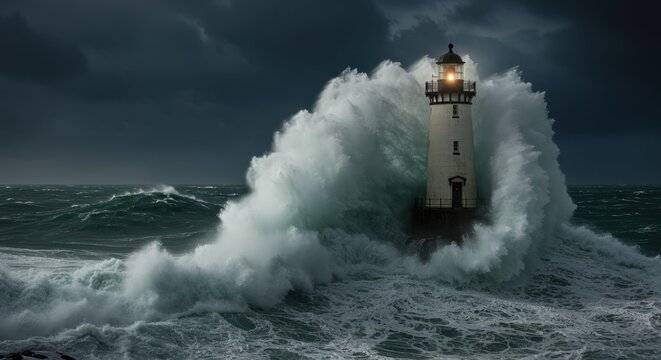 Lighthouse in storm with crashing ocean waves and dramatic sky