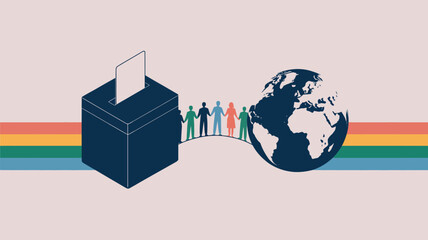 A graphic illustration showing a ballot box people holding hands and a globe with rainbow stripes