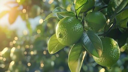 Green lime on tree branch with glossy leaf in warm orchard sunlight