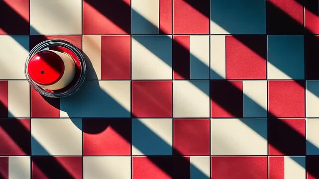 Abstract Composition of a Red Button and Patterned Tiles, Creating a Play of Light and Shadow