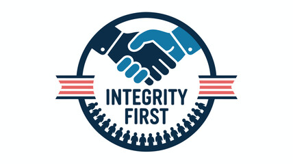 A logo showing two hands shaking with the words integrity first and a group of people silhouettes