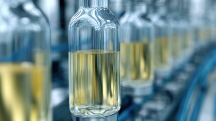 Sharp closeup of a glossy plastic packet filled with a liquid product contrasted against a softly blurred production line emphasizing innovative petroleum packaging designs.