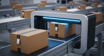 Material cartons with RFID tags passing through rectangular scanner setup for automated tracking in ecommerce fulfillment center.