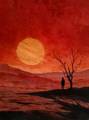 Naklejka premium Solitary figure stands beneath a bare tree against a dramatic fiery red sunset sky
