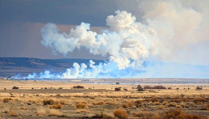Smoke billows from a large fire across arid plains beneath a stormy sky.