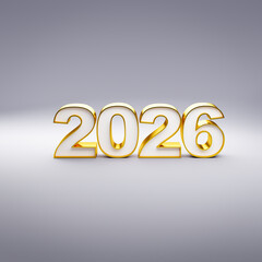 Golden digits with a white core building the year "2026" on a gray background. New Years Eve, new year concept.