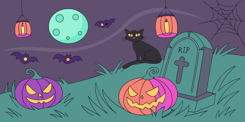 Black Cat beside Purple-Orange Glowing Grave