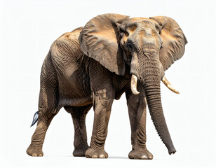 Obraz premium A majestic African elephant with large tusks stands powerfully against a clean white background, showcasing its incredible size and strength