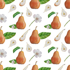 Sweet pears set watercolor illustration, fruits on isolated background, botanical painting. Ripe yellow pear with leaves and flowers