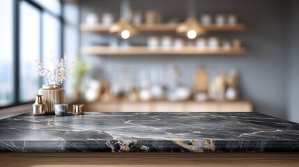 Empty dark gray marble countertop kitchen interior