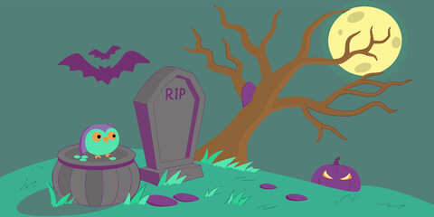 Haunted Tree, Ghost Owl, and Purple Cauldron
