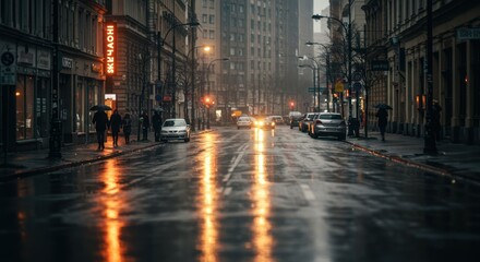 Obraz premium Wet city street after rain with car lights reflecting on pavement