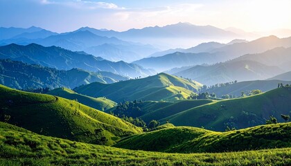 Green rolling hills under misty mountains