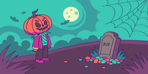 Flaming Pumpkin-Head Scarecrow and Teal Webs