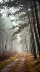 Fototapeta premium A tranquil dirt path winds through a misty, evergreen forest with tall pine trees reaching towards the overcast sky, creating a serene natural landscape
