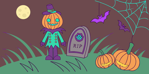 Scarecrow with Pumpkin Lanterns and Violet Webs