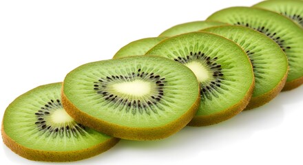 Cuatro frutas de kiwi en rodajas frescas que caen aisladas sobre fondo transparente