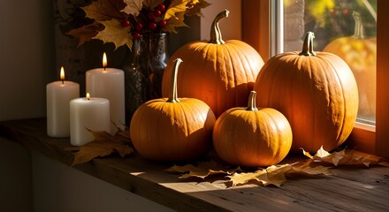 Acogedora escena de otoño con calabazas, velas y hojas de otoño junto a una ventana al atardecer