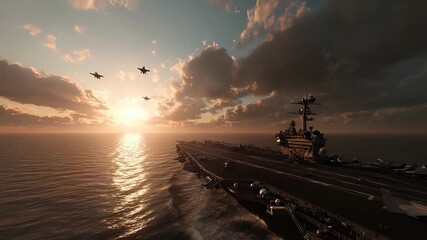 Aircraft Carrier at Sea with Fighter Jets Flying During Sunset, Naval Power, Military Operations, Maritime Defense, Dramatic Sky