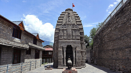 Beautifully Carved Shrine of Gauri Shankara Dated back in 11-12th Century in Gurjara-Pratihara Dynasty, Dedicated to Lord Shiva, Naggar, Kullu, Himachal Pradesh, India.