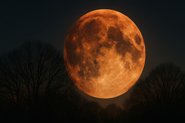 森の影に浮かぶ壮大な赤い皆既月食の瞬間