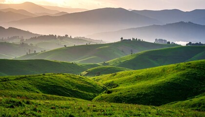 Fototapeta premium Green rolling hills under misty mountains