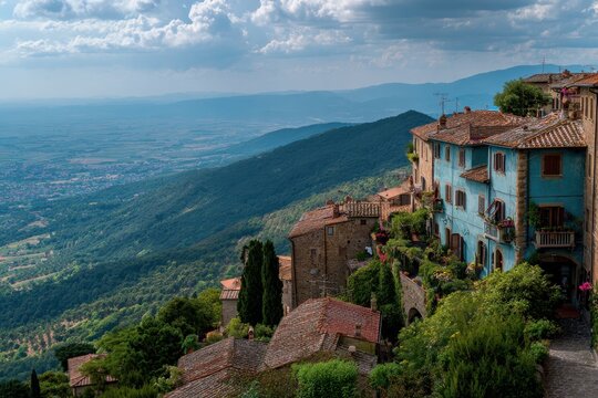 Fototapeta Cortona Italy. Aerial View of Historical Cityscape and Vibrant Colours