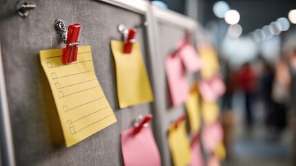 Focused medium shot of checklist notes pinned on a muster board during safety drill timing with indistinct rollcall participants behind.
