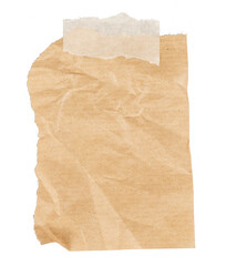 brown crumpled paper, sticky note memo piece with ron edges taped to the wall isolated on white or...