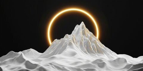 Contemporary digital sculpture of white peak crowned with glowing golden circle on black velvet