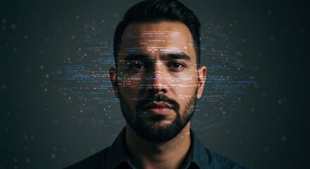 Portrait of a man with digital data overlay, artificial intelligence