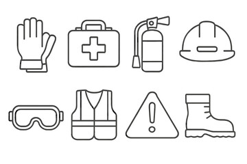 Safety equipment icons set: gloves, first aid, extinguisher, helmet, goggles, vest, sign, boots