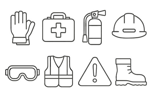 Safety equipment icons set: gloves, first aid, extinguisher, helmet, goggles, vest, sign, boots
