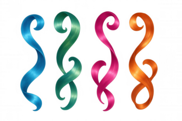 Four colorful hair strands flowing and swirling on a transparent background, creating a dynamic and vibrant visual