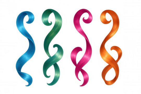 Four colorful hair strands flowing and swirling on a transparent background, creating a dynamic and vibrant visual
