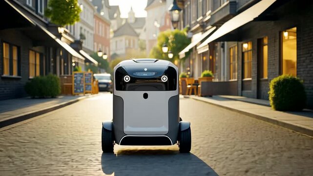 Autonomous delivery robot moving along sunny cobblestone city street with shops and plants in urban background