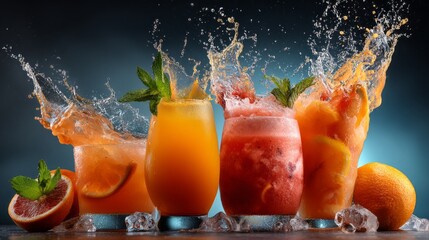 Refreshing colorful array of drinks splashing with vibrant fruity flavors at a summer gathering
