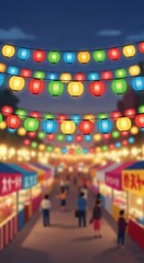 Luminous lanterns illuminate a vibrant nighttime street scene at an animated festival scene