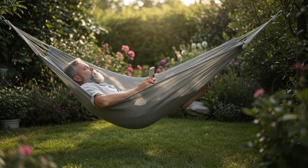 Man relaxes in hammock, enjoying nature with cellphone on sunny day